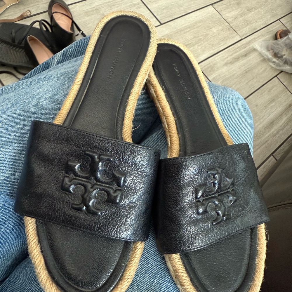 Tory Burch Black Leather Espadrille Sandals